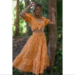 For Love & Lemons Orange Auburn Polka Dot High Waist Tiered Midi Skirt S‎